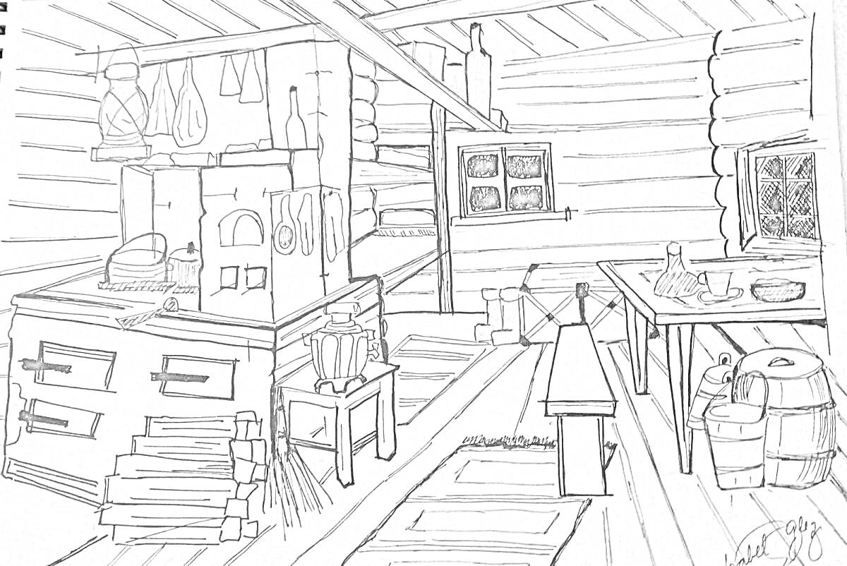 Раскраска Внутренний интерьер русской избы с печью, столом, лавкой, окнами, деревянными стенами и домашней утварью