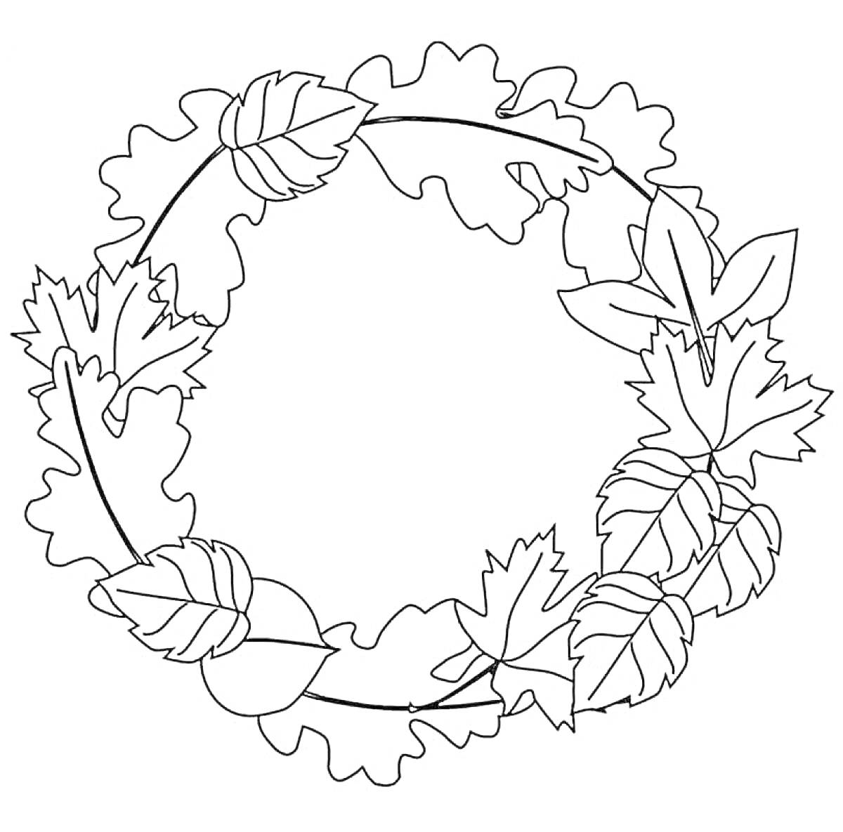 На раскраске изображено: Венок, Осень, Листья, Листопад, Природа, Кленовые листья, Дубовые листья, Обводка