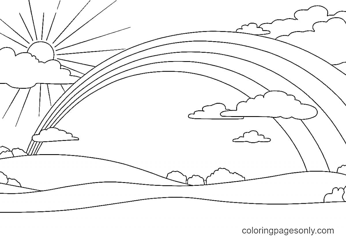 Раскраска Радуга над холмами под солнцем с облаками