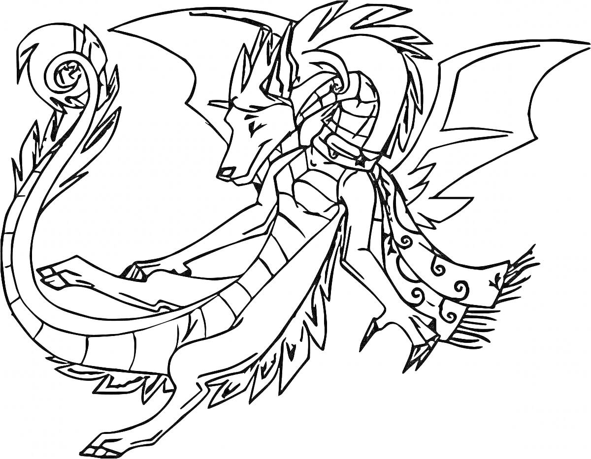 Раскраска Дракон аниме с закрученным хвостом, большими крыльями и узорчатым хвостовым наконечником