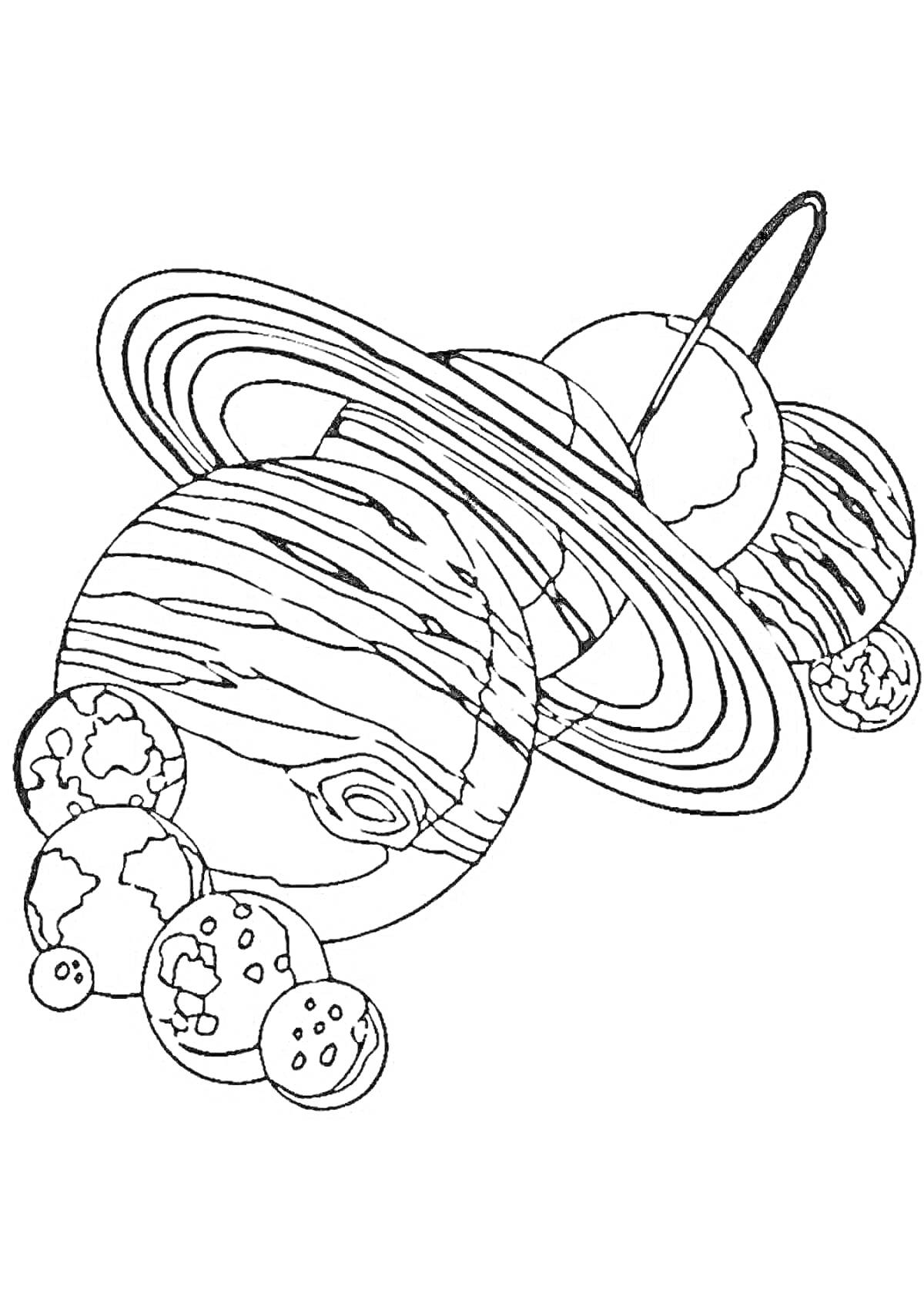 На раскраске изображено: Космос, Планеты, Спутники, Звезды, Астрономия, Солнечная система