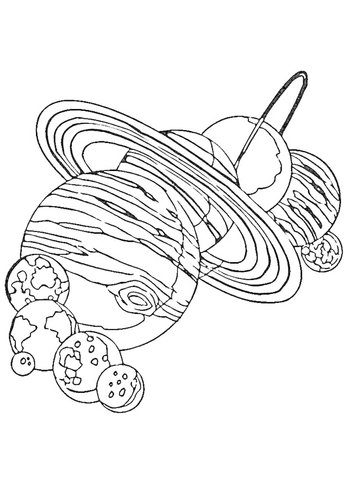 Раскраска Планеты с кольцами и спутниками