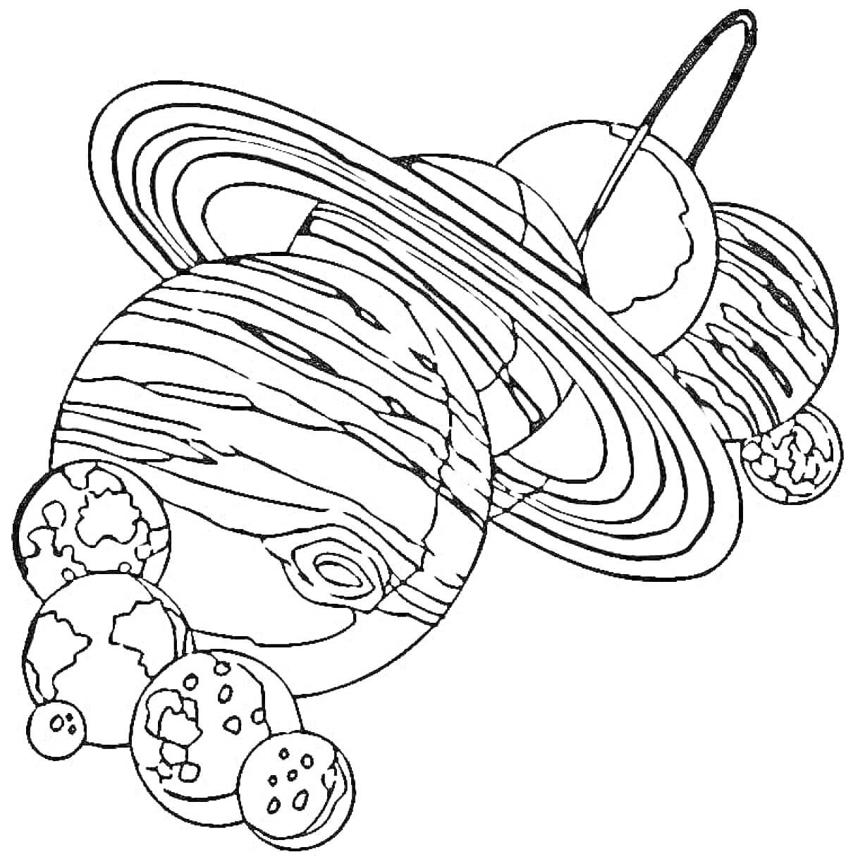 На раскраске изображено: Планеты, Солнечная система, Спутники, Космос, Астрономия