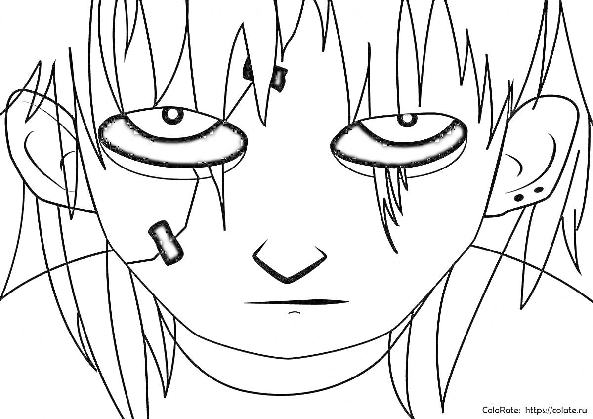 Раскраска Лицо персонажа с черными кругами вокруг глаз и пластырями
