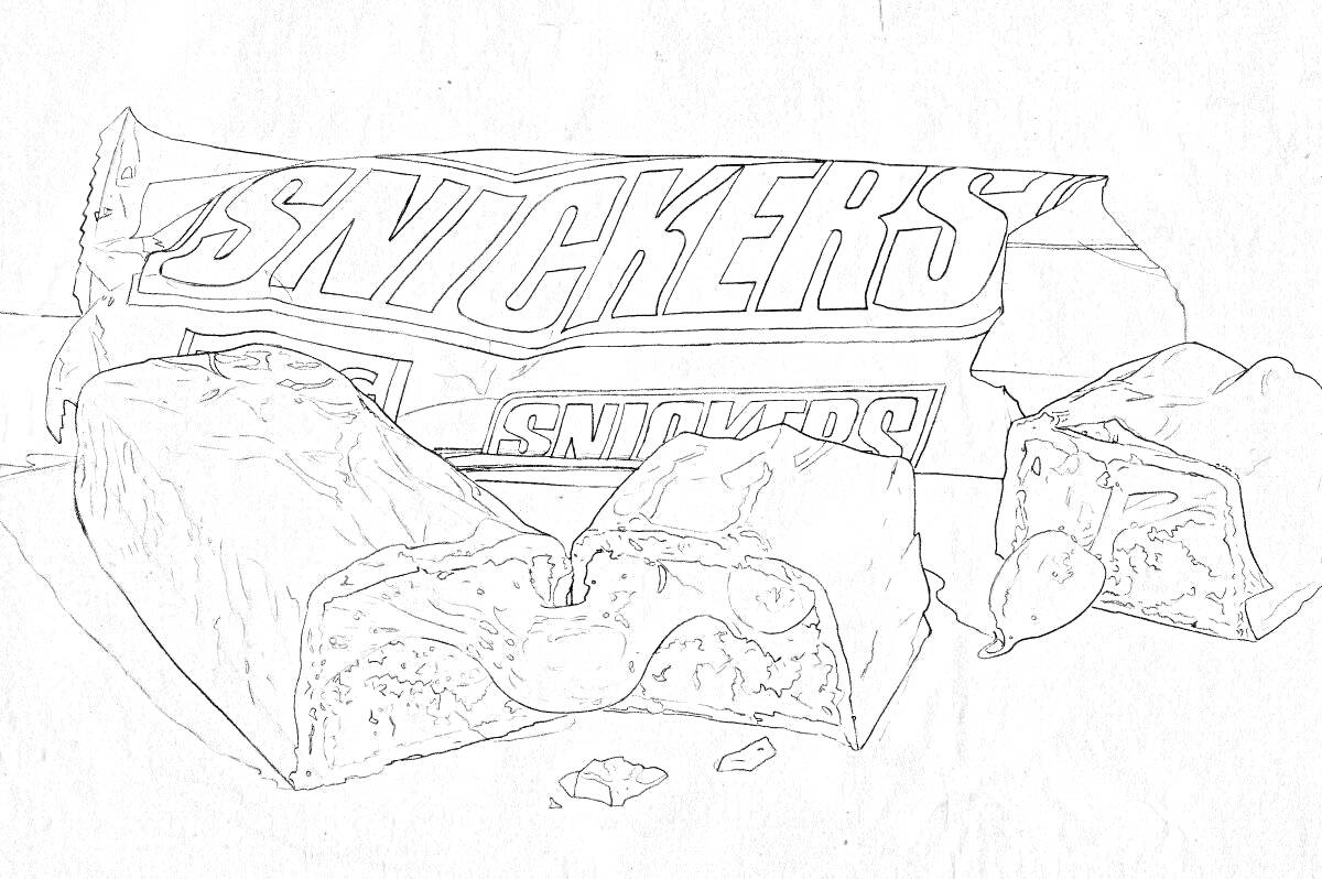 упаковка и батончики Snickers, один целый и два надкусанных