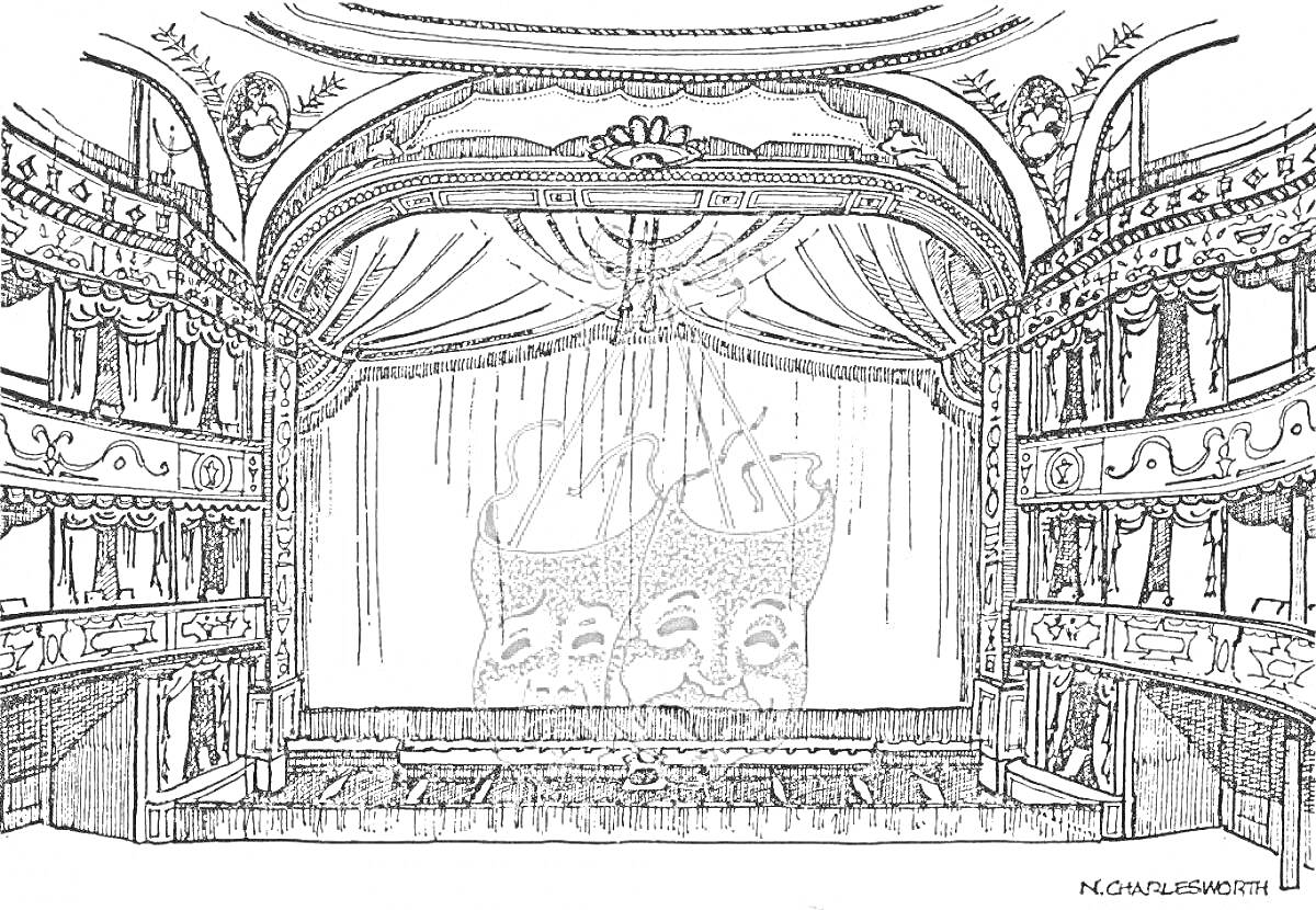 Раскраска Оперный театр, занавес, театральные маски, ложи, сцена, балконы, украшенный потолок