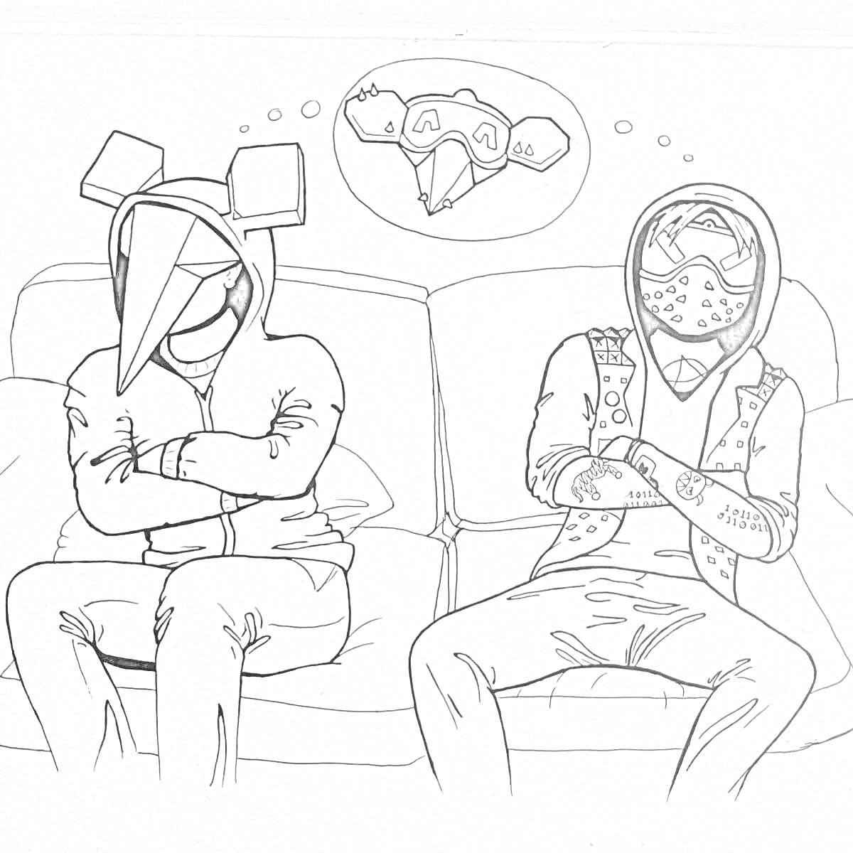 Раскраска Два персонажа на диване и летающий дрон в мыслевом пузыре