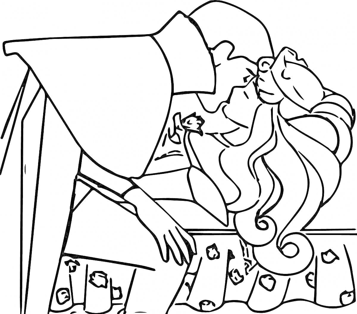 На раскраске изображено: Спящая красавица, Принц, Поцелуй, Из сказок, Замок, Волосы, Принцесса, Кровати