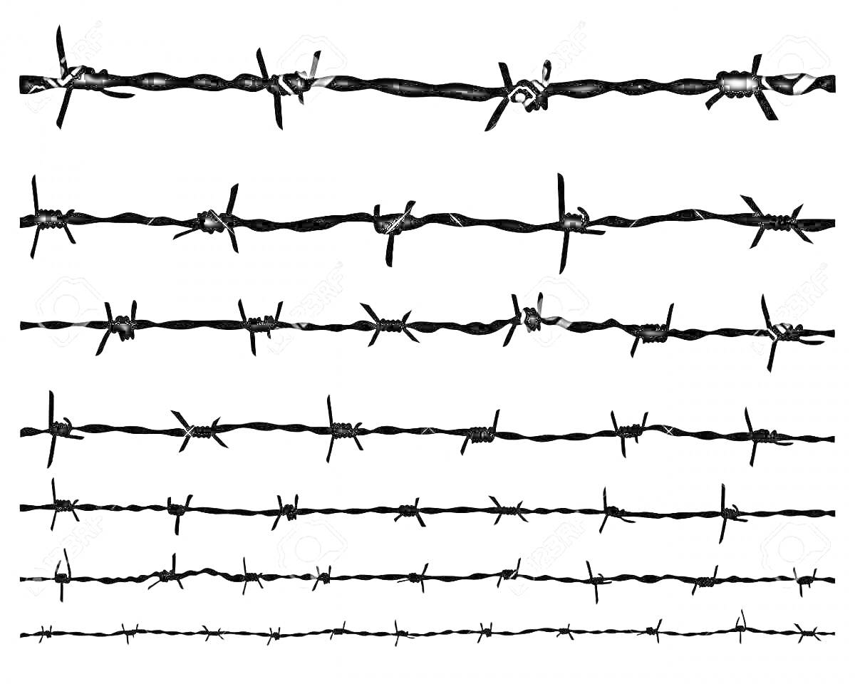 Раскраска Элементы колючей проволоки, восемь рядов, различная конфигурация и типы изгибов
