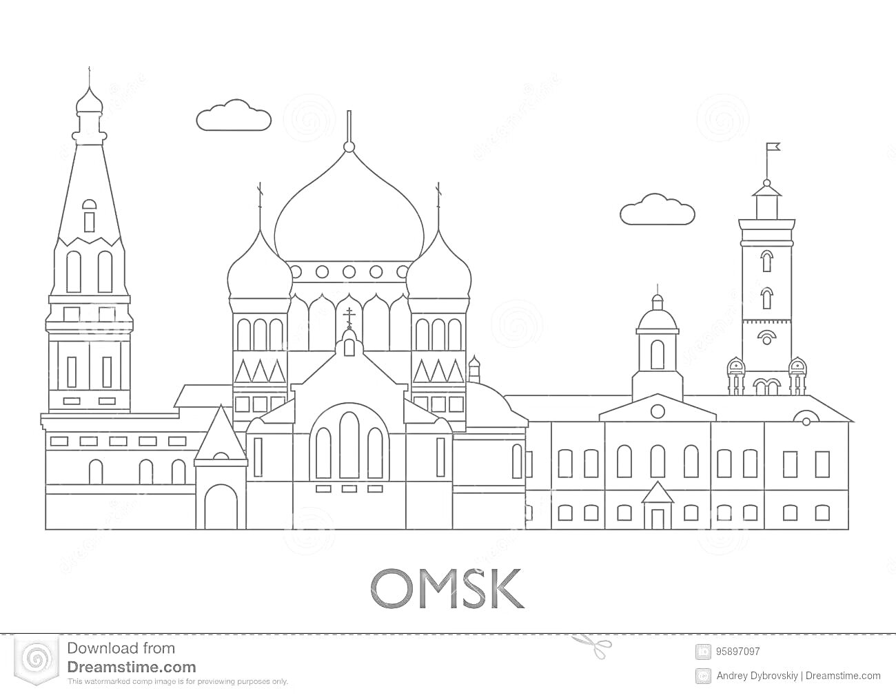 На раскраске изображено: Омск, Архитектура, Достопримечательности, Облака, Церковь, Башни, Здания
