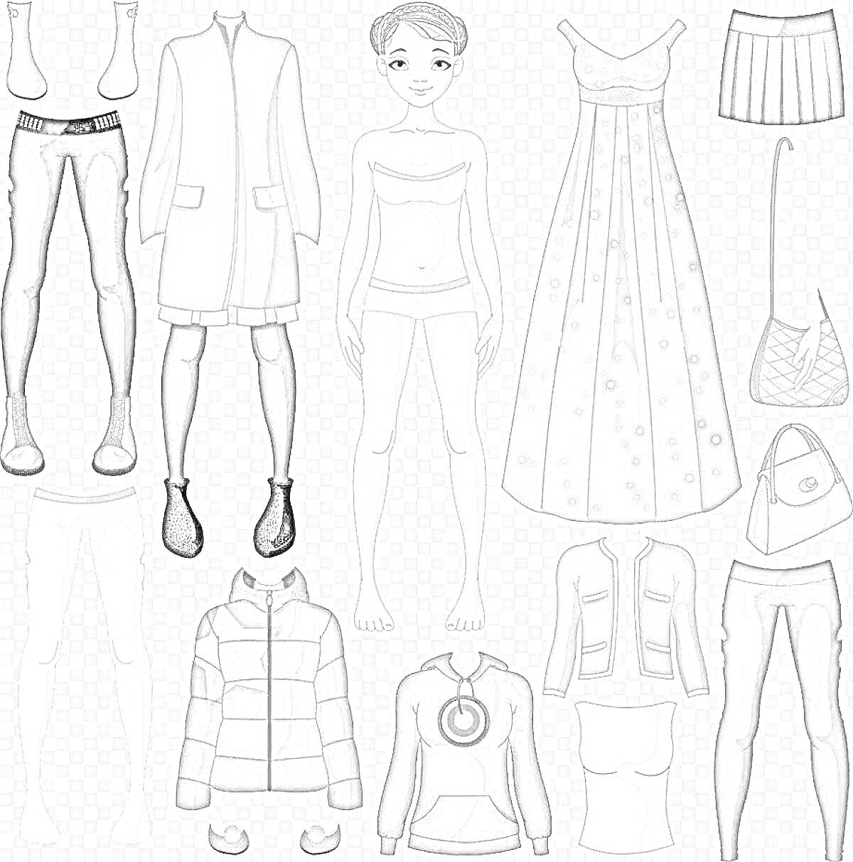 Раскраска Девочка с набором одежды: куртка, пальто, юбка, джинсы, леггинсы, платье, свитер, шапка, сумка