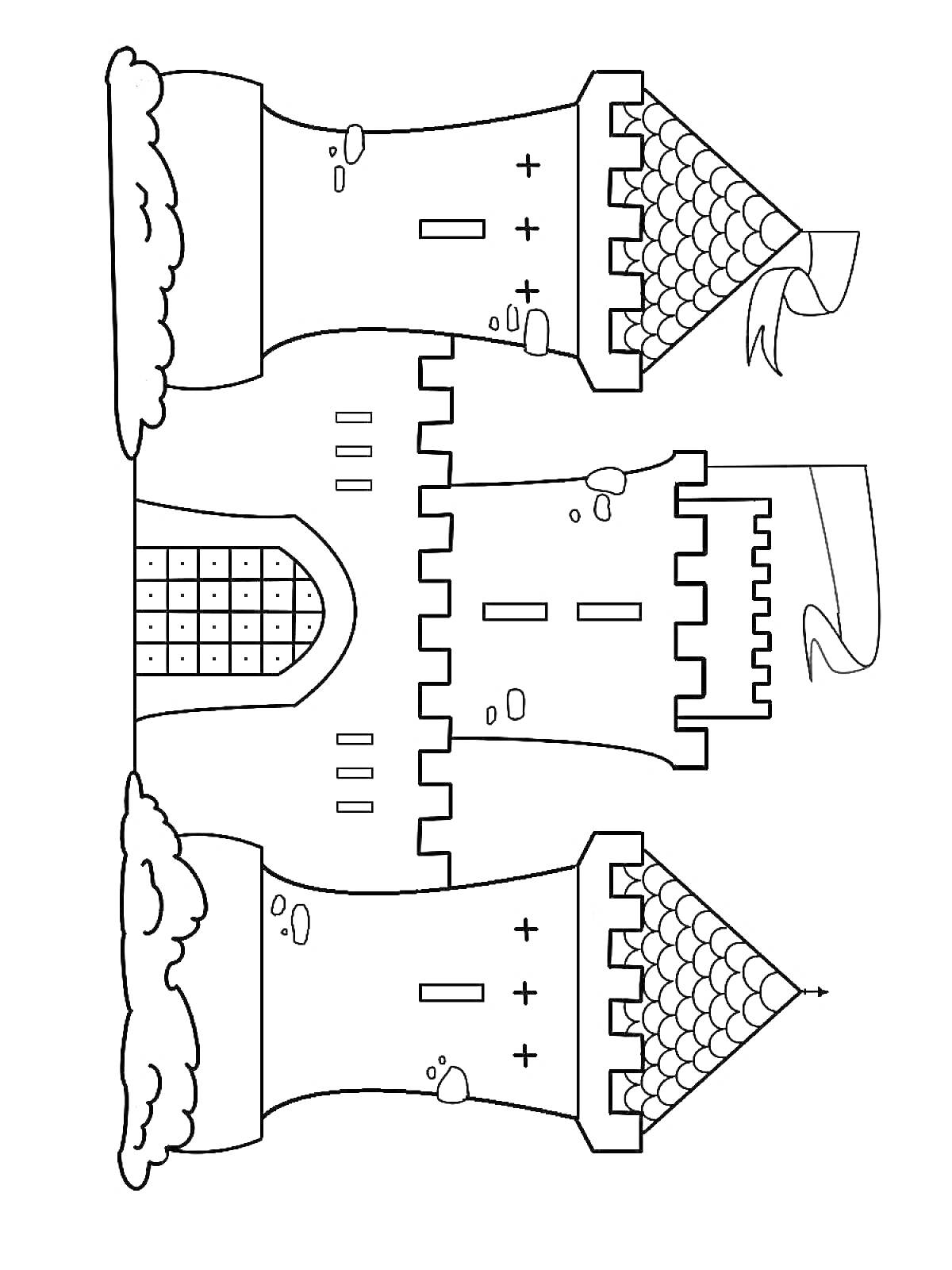 На раскраске изображено: Замок, Башни, Флаг, Ворота, Кирпичная кладка, Средневековье, Архитектура, Для детей