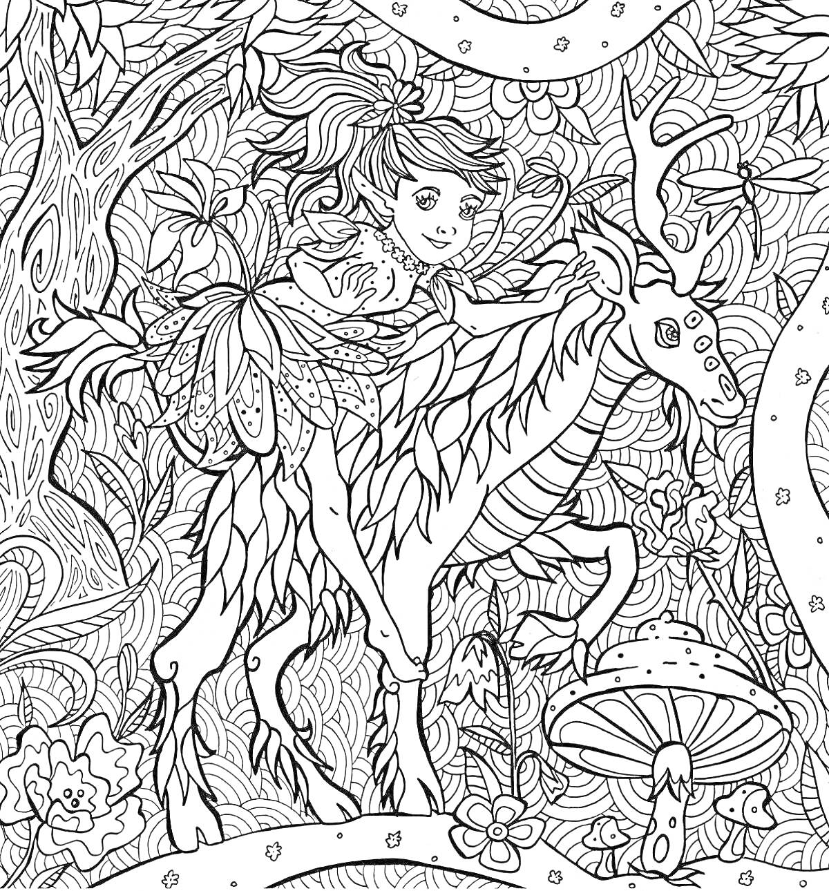 Раскраска Девочка верхом на олене в волшебном лесу с грибами и цветами