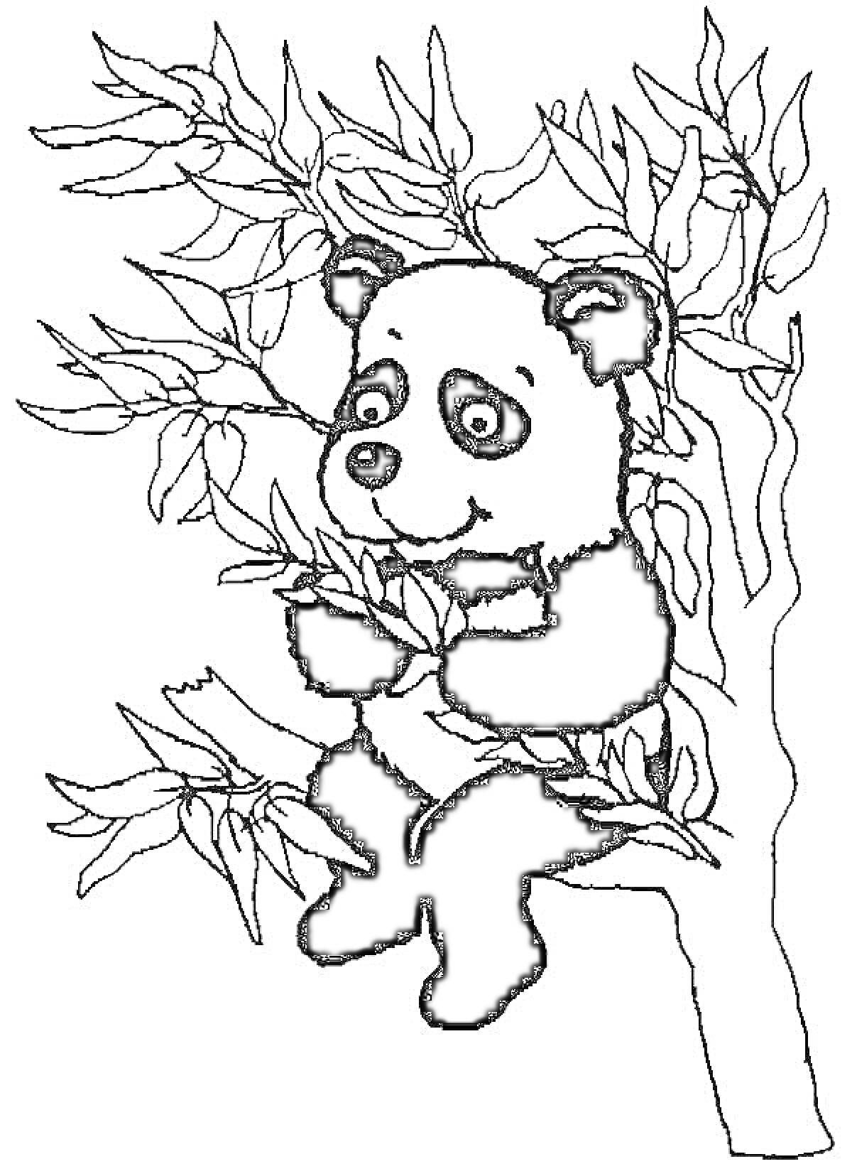 Раскраска Панда на дереве с ветками и листьями