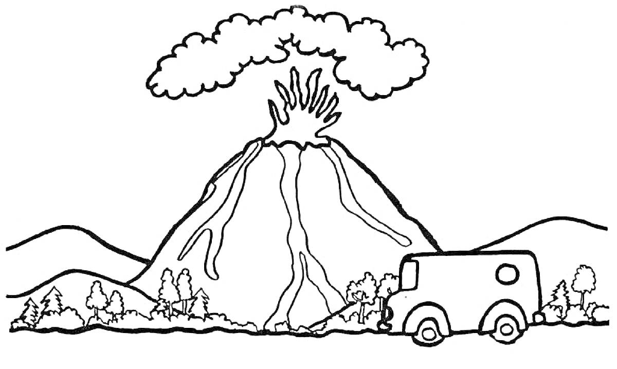 Вулканическое извержение с автомобилем у подножия, деревьями и холмами на заднем плане