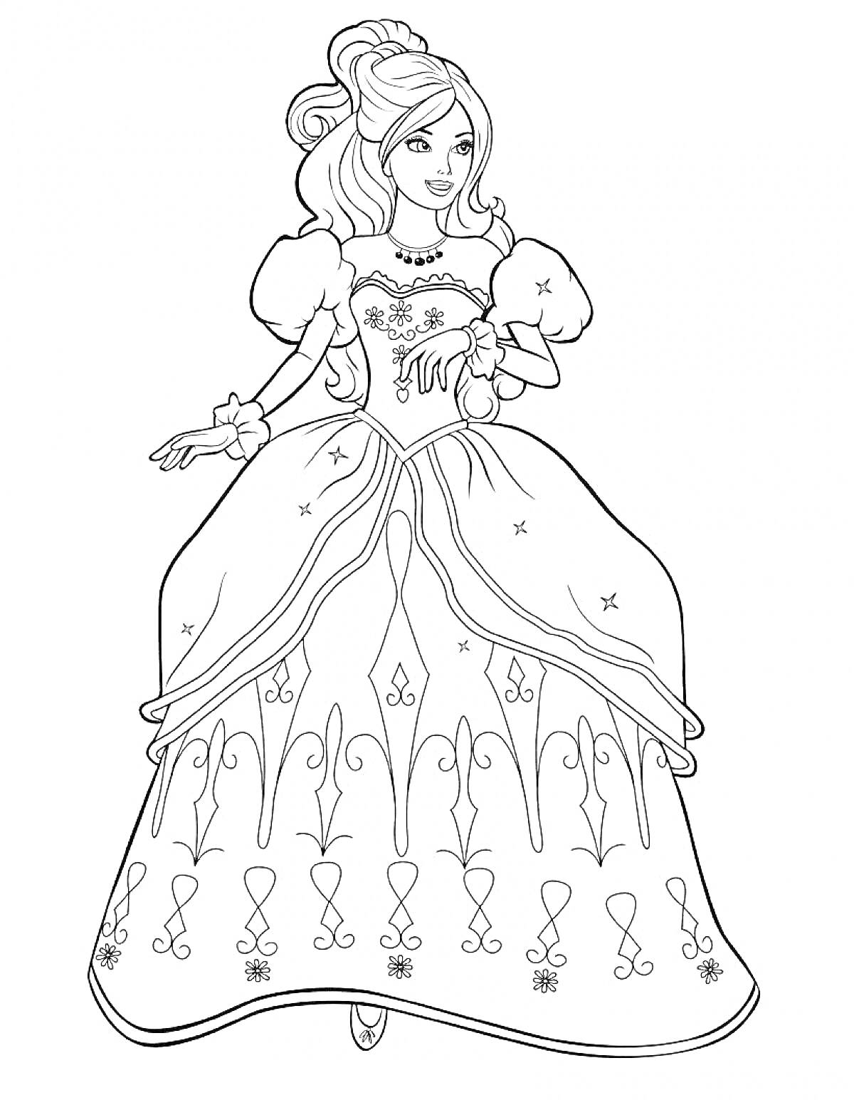 Раскраска Принцесса в пышном платье с длинными волосами