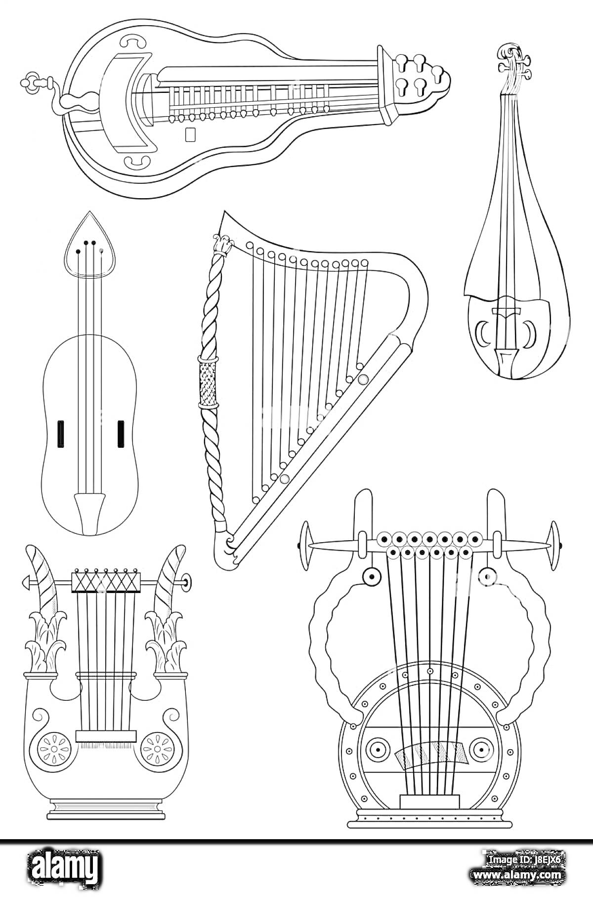 Раскраска Раскраска с изображением лиры, гуслей, арфы, скрипки и музыкальных инструментов