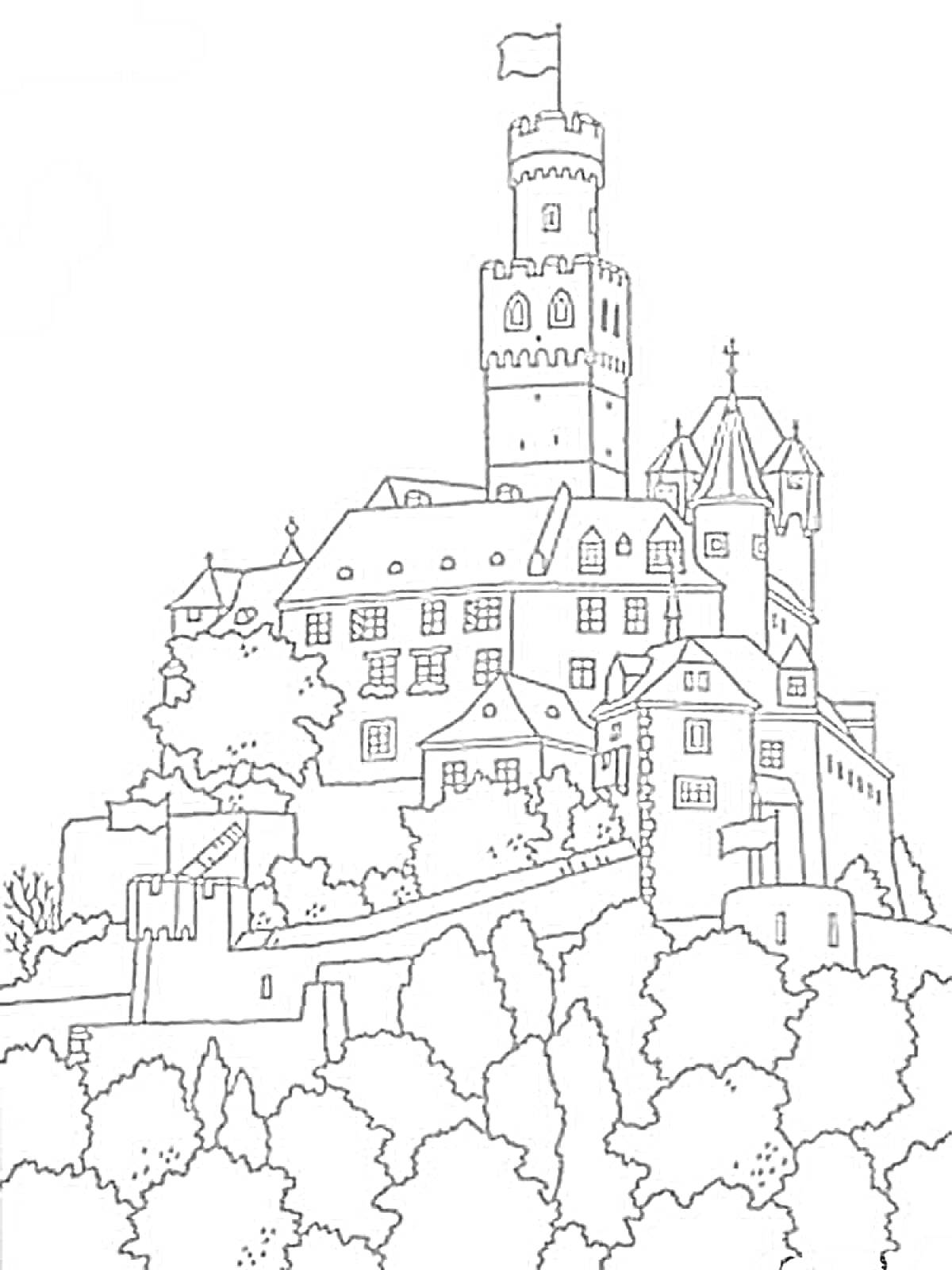 Раскраска Замок с башнями, зданиями и стенами в окружении деревьев