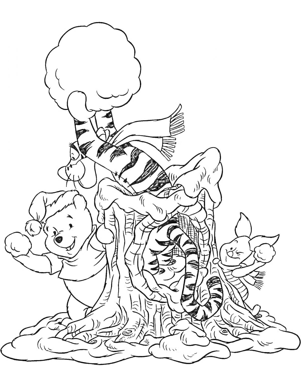 На раскраске изображено: Винни-Пух, Тигра, Пятачок, Снег, Зимние шапки, Зима, Друзья, Детское творчество