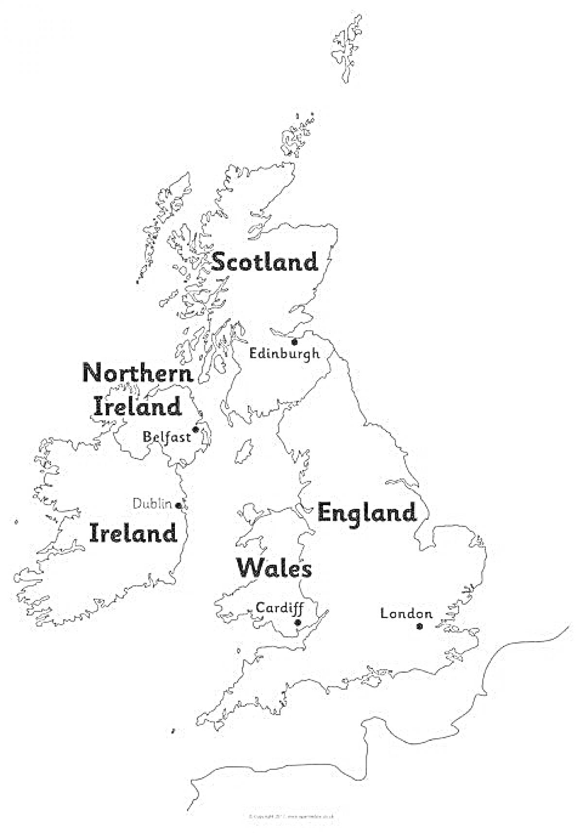 Карта Великобритании с обозначением стран и столиц (Шотландия - Эдинбург, Северная Ирландия - Белфаст, Ирландия - Дублин, Уэльс - Кардифф, Англия - Лондон)