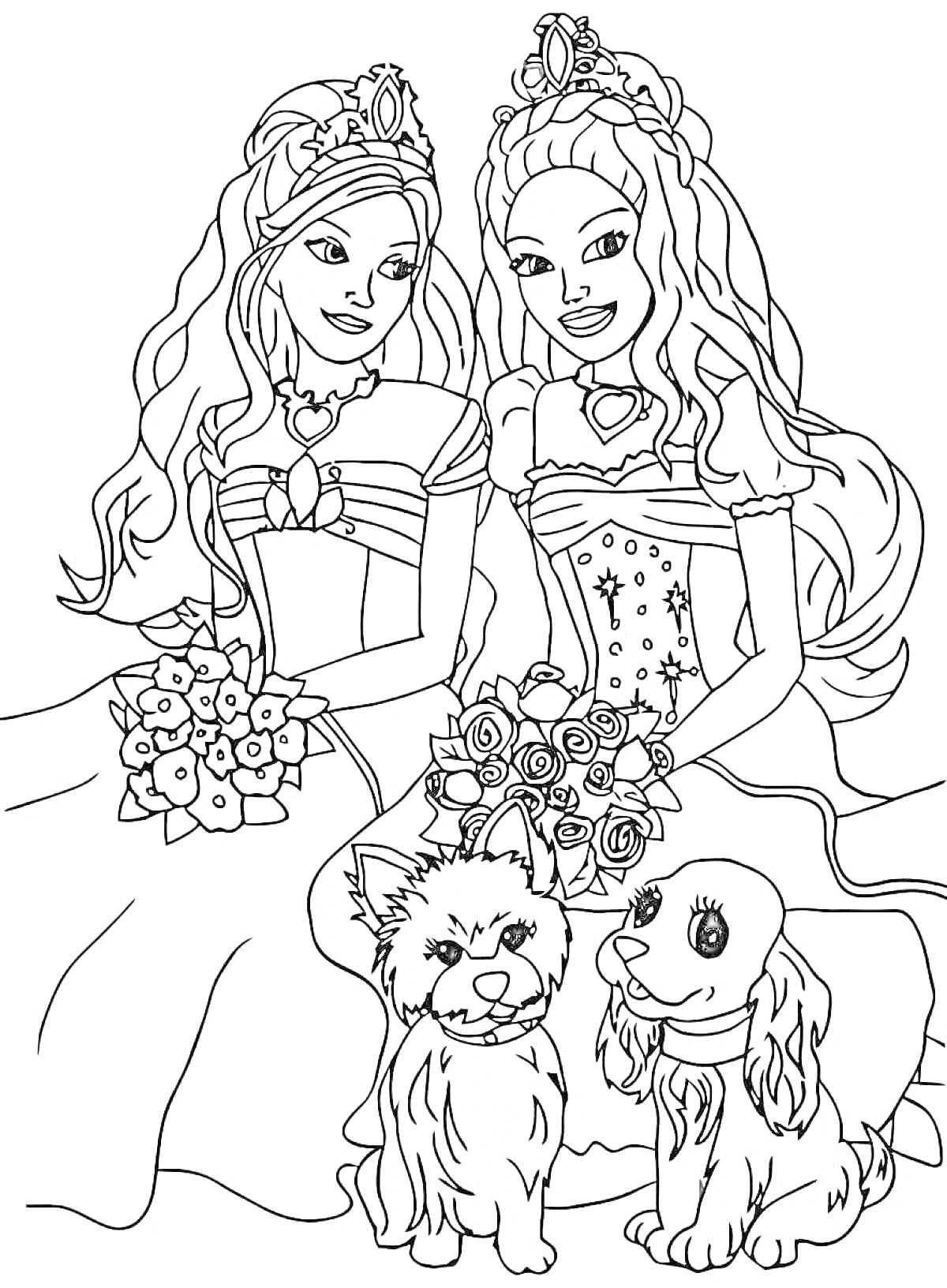 Раскраска Принцессы с букетами цветов и собачками