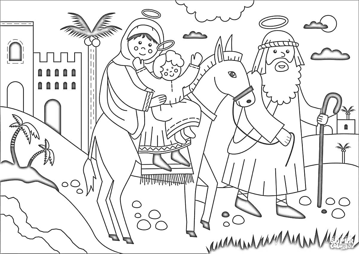 Раскраска Рождественская сцена с пастухом, женщиной с ребенком на осле, городом и пальмами