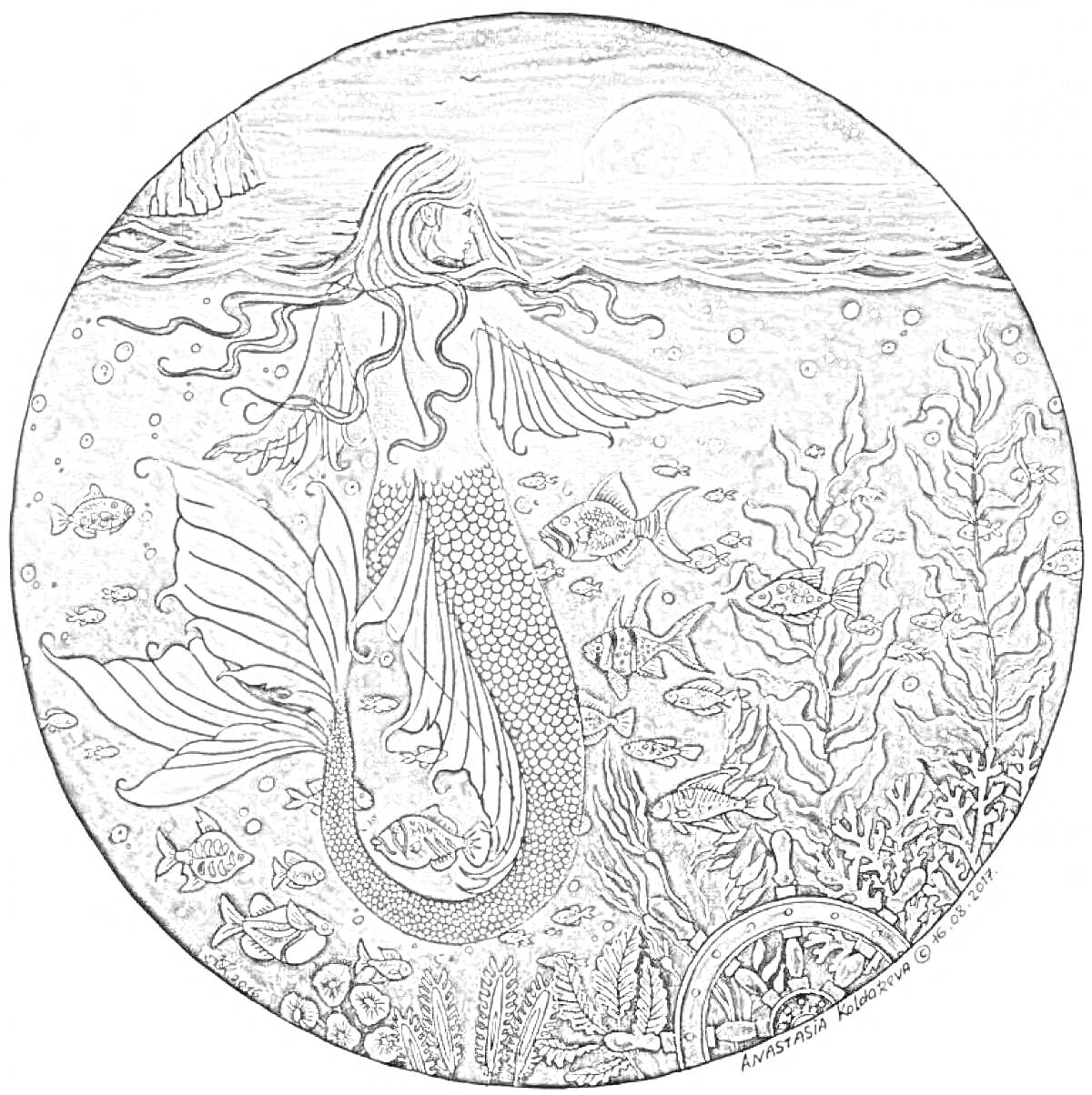 На раскраске изображено: Русалка, Подводный мир, Ночь, Растения, Луна, Вода, Искусство