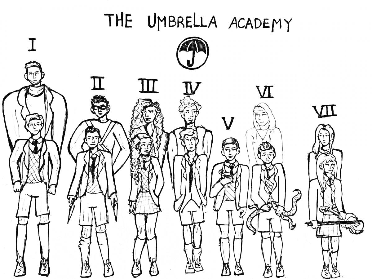 Раскраска Члены Академии Амбрелла, стоящие в ряд, с номерами от I до VII над их головами и с логотипом зонта вверху