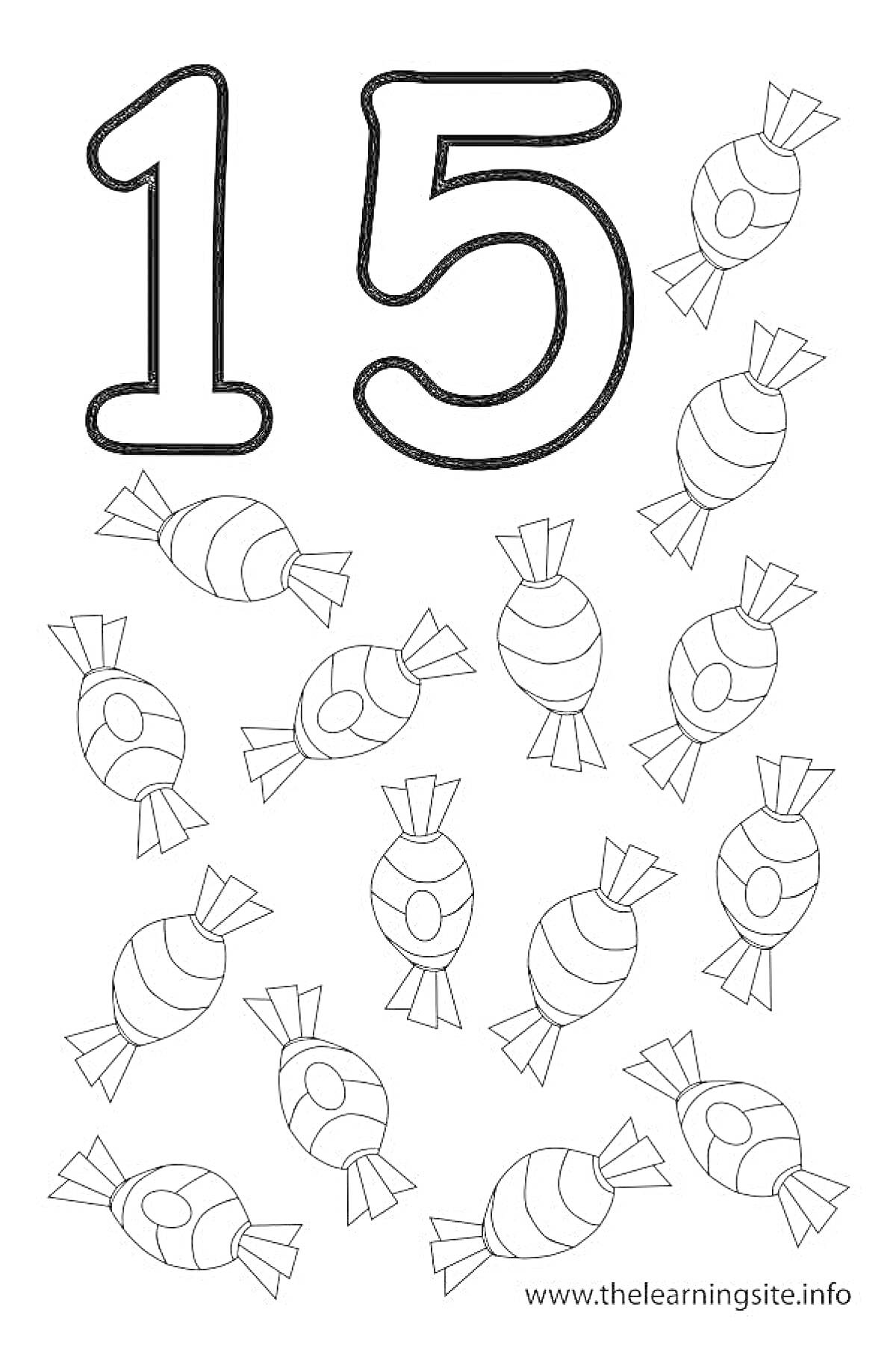Раскраска Цифра 15 с девятнадцатью конфетами для раскрашивания