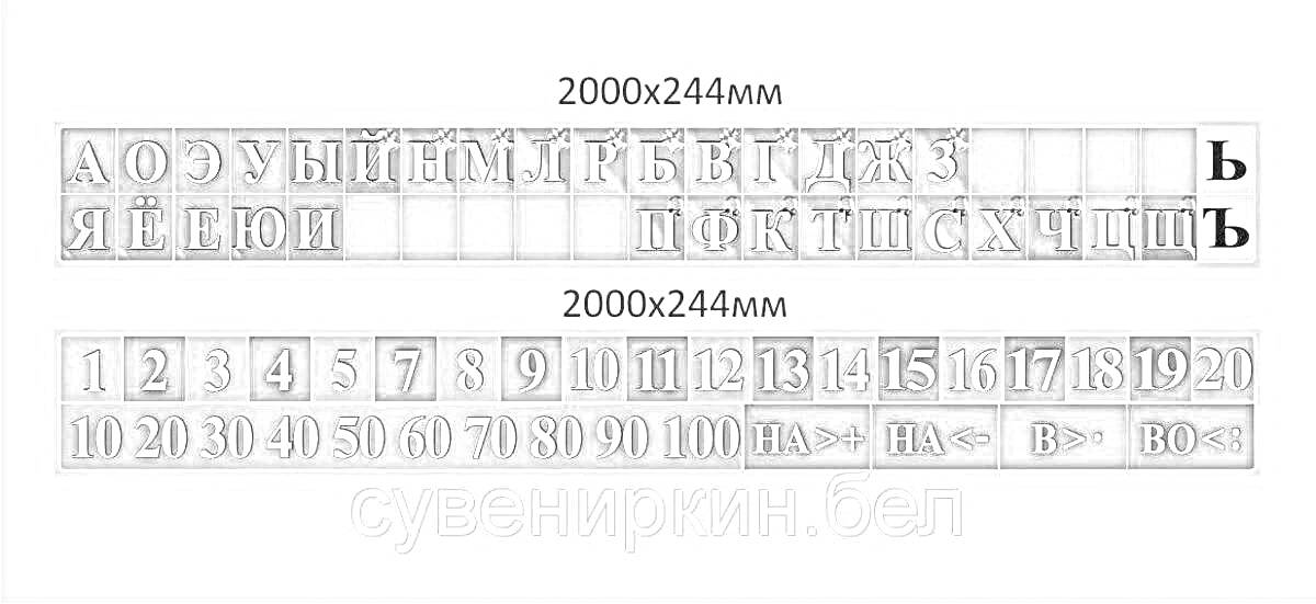 Лента с буквами русского алфавита и цифрами от 1 до 20, десятками от 30 до 100, и стрелками
