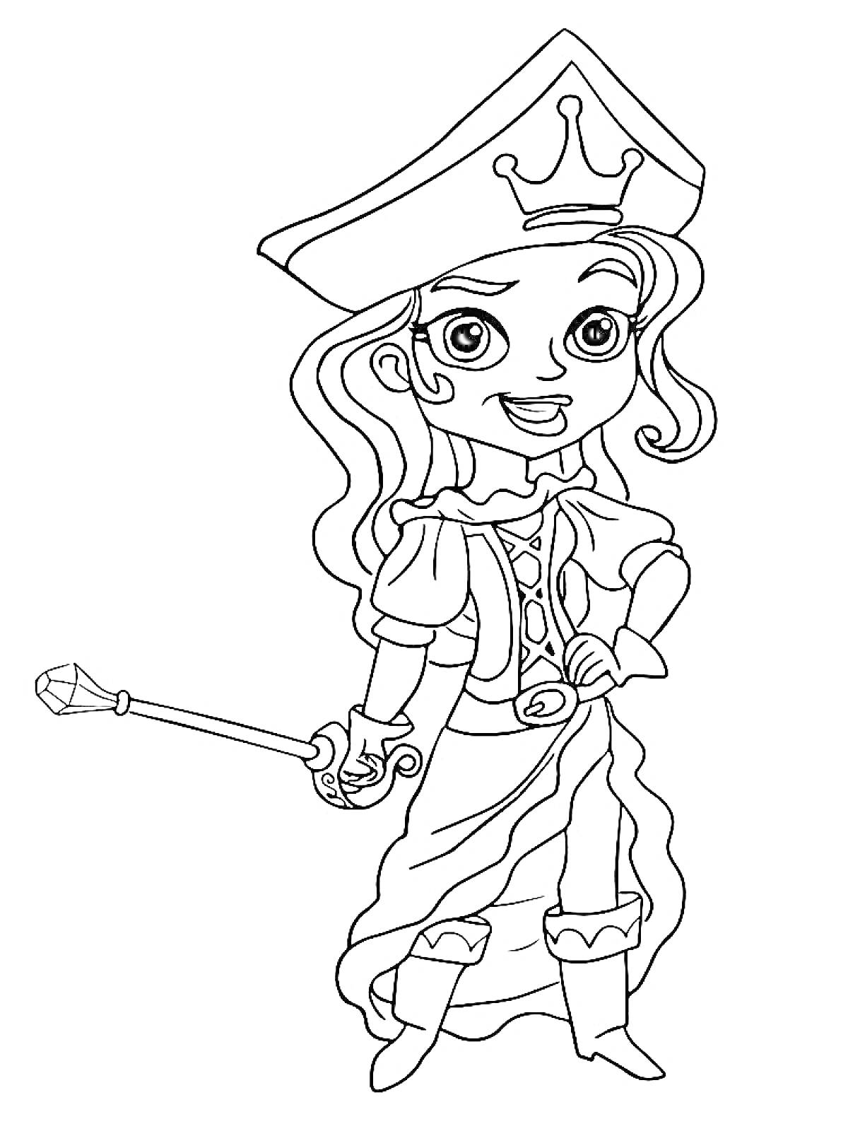 Раскраска Девочка-пират в шляпе с короной, с длинными волосами в платье и сапогах, держащая волшебный жезл