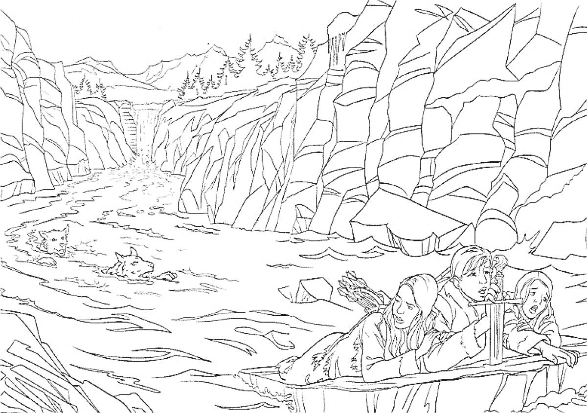 Раскраска Плывущая лодка с детьми, преследуемая волками по реке, в окружении скал