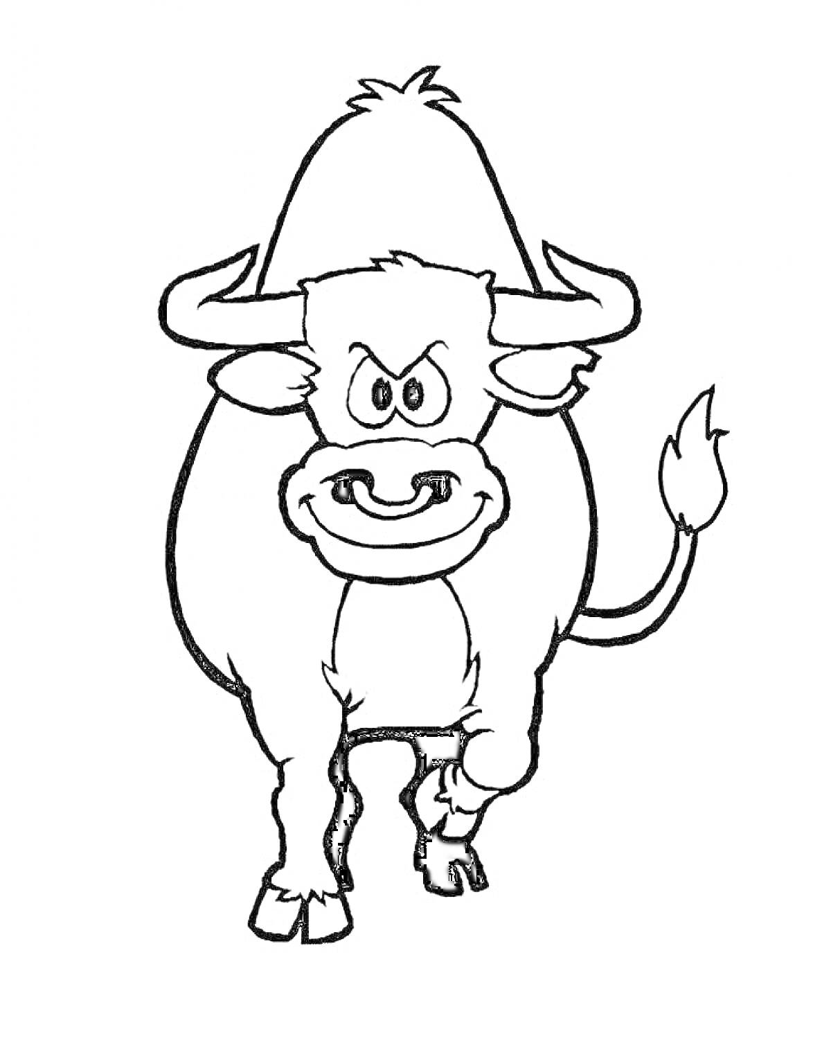 Раскраска Агрессивный бык с рогами и хвостом