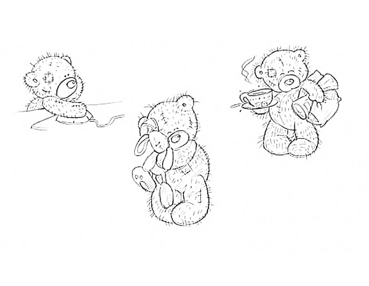 На раскраске изображено: Веревка, Заяц, Чай, Для детей, Игрушки, Медведь, Мешки, Чашки
