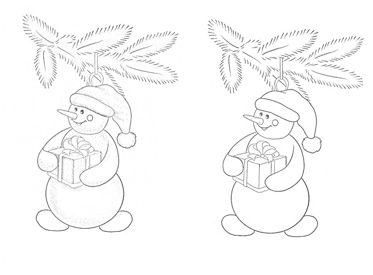 Раскраска Снеговик с подарком под елочной веткой