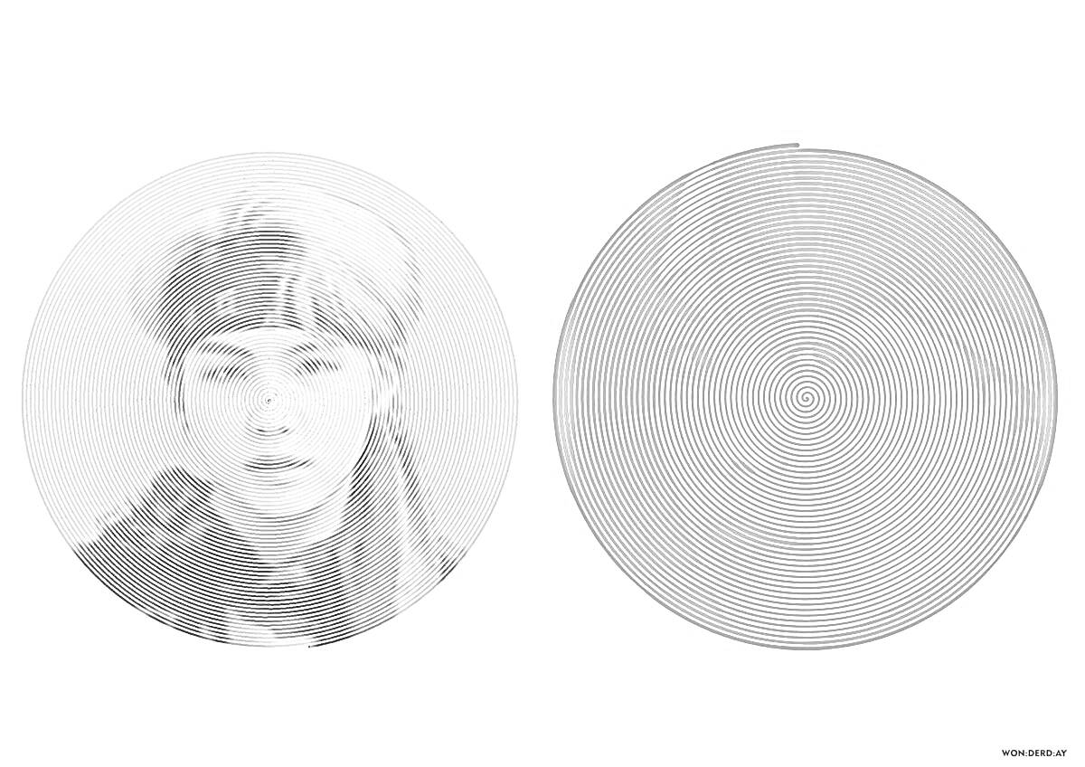 Раскраска Два круглых изображения в стиле Spiral Betty: одно с цветным фото человека в головной повязке, второе с синим одноцветным изображением лица