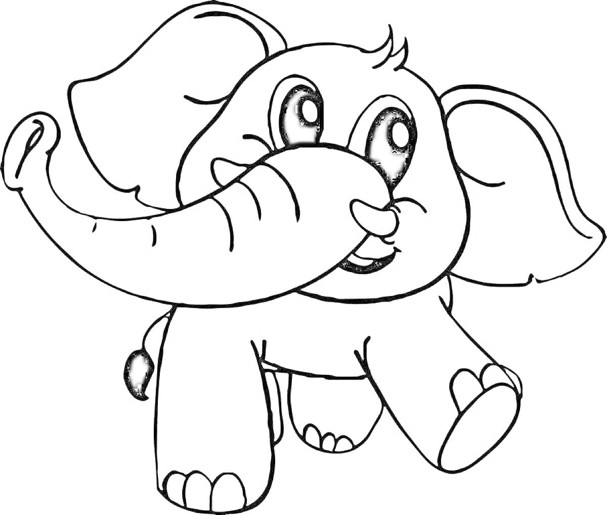 На раскраске изображено: Животные, Большие уши, Хобот, Улыбка, Для детей, Слон