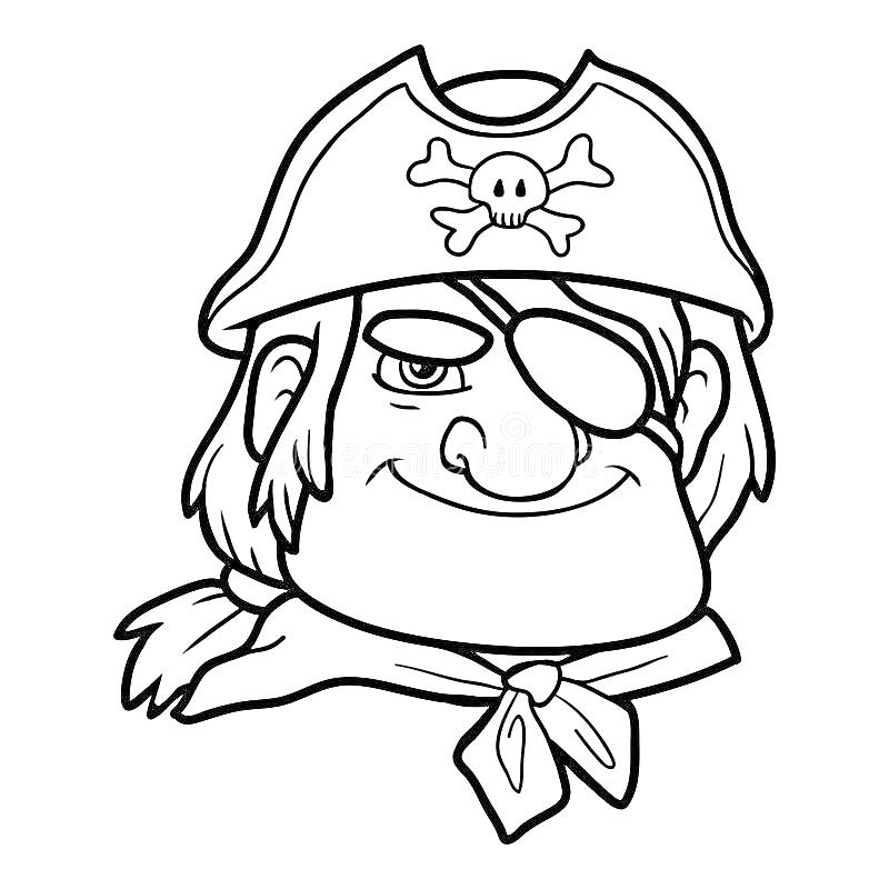 Пиратский портрет с повязкой на глазу, пиратской шляпой с черепом, и платком на шее