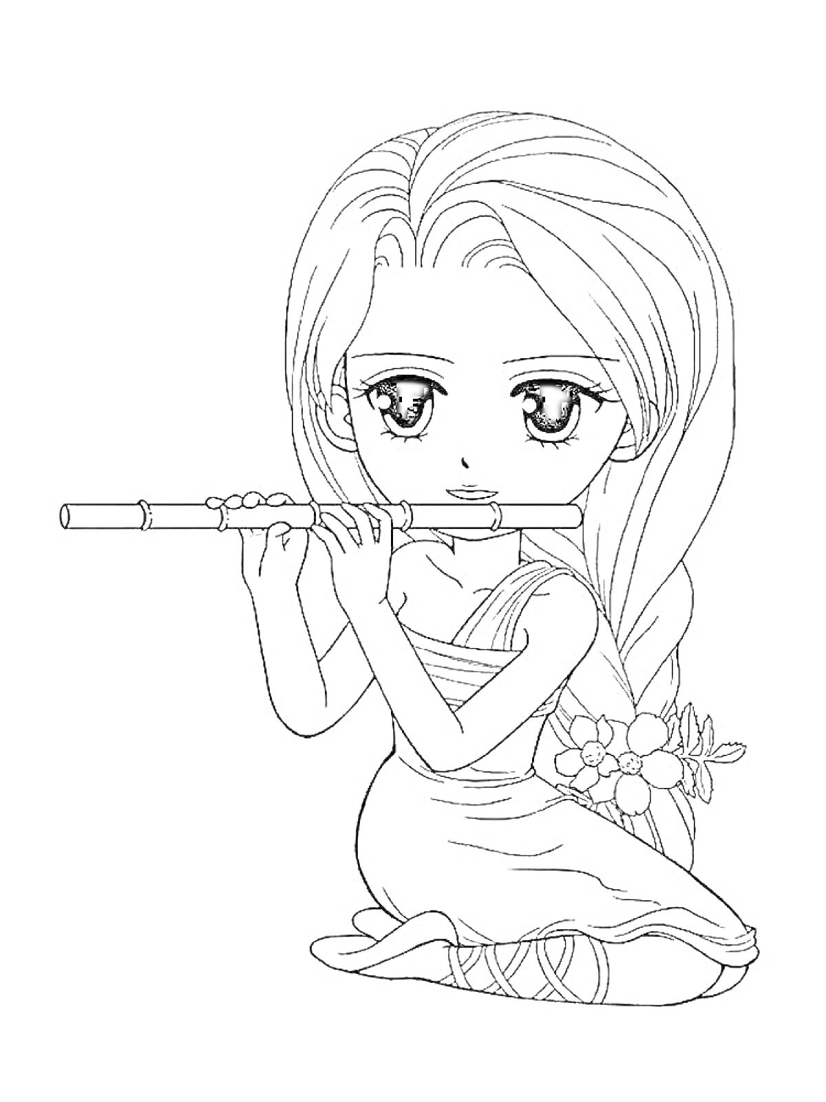 Раскраска Девушка с длинными волосами, играющая на флейте, в платье, цветы в волосах