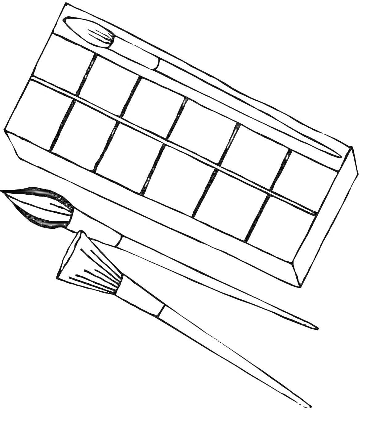 На раскраске изображено: Палетка теней, Кисти, Макияж, Косметика, Белый фон