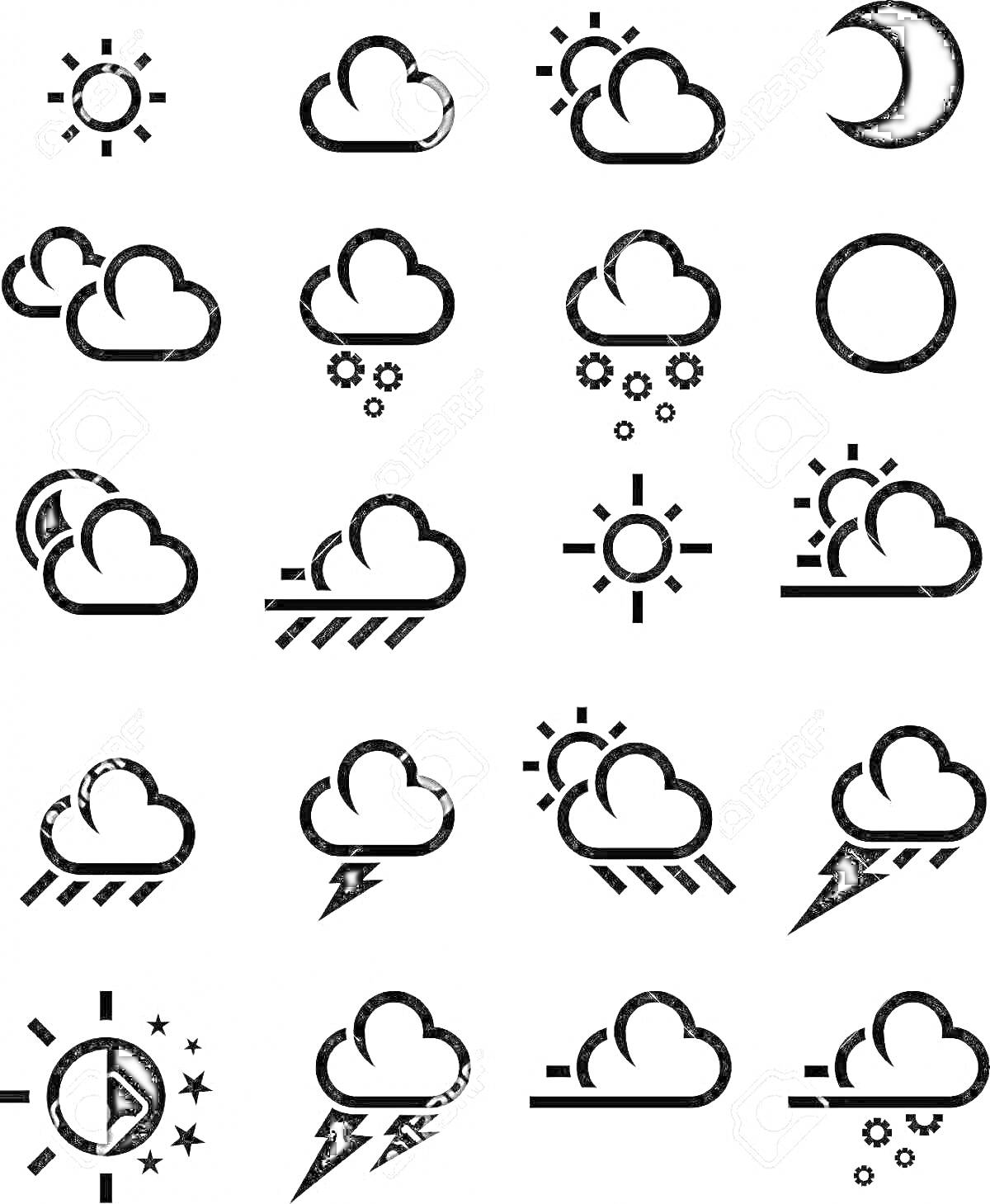 На раскраске изображено: Солнце, Луна, Облака, Снежинки, Свет, Дождь, Гром, Тучи, Небо