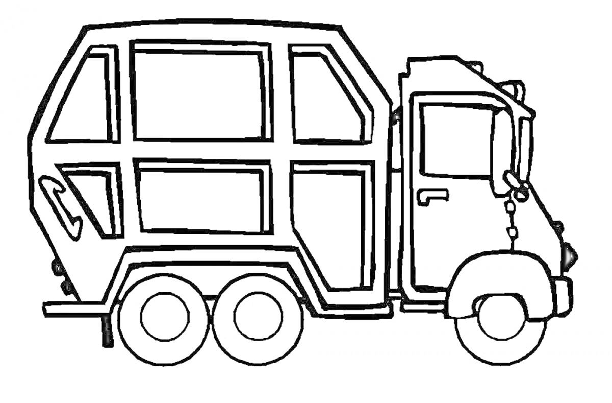 На раскраске изображено: Мусоровоз, Для детей, Кабина водителя, Транспорт, Утилизация