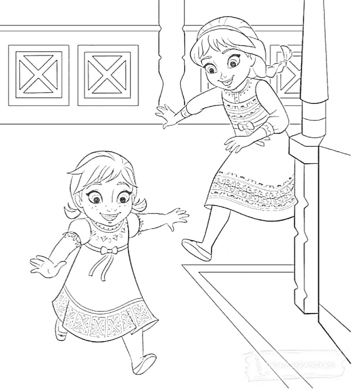 Раскраска Две девочки, бегущие по лестнице в доме