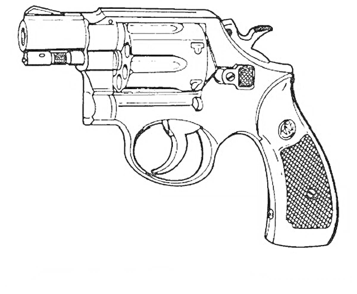 На раскраске изображено: Револьвер, Огнестрельное оружие, Барабан, Пистолет, Линии, Оружие, Контурные рисунки