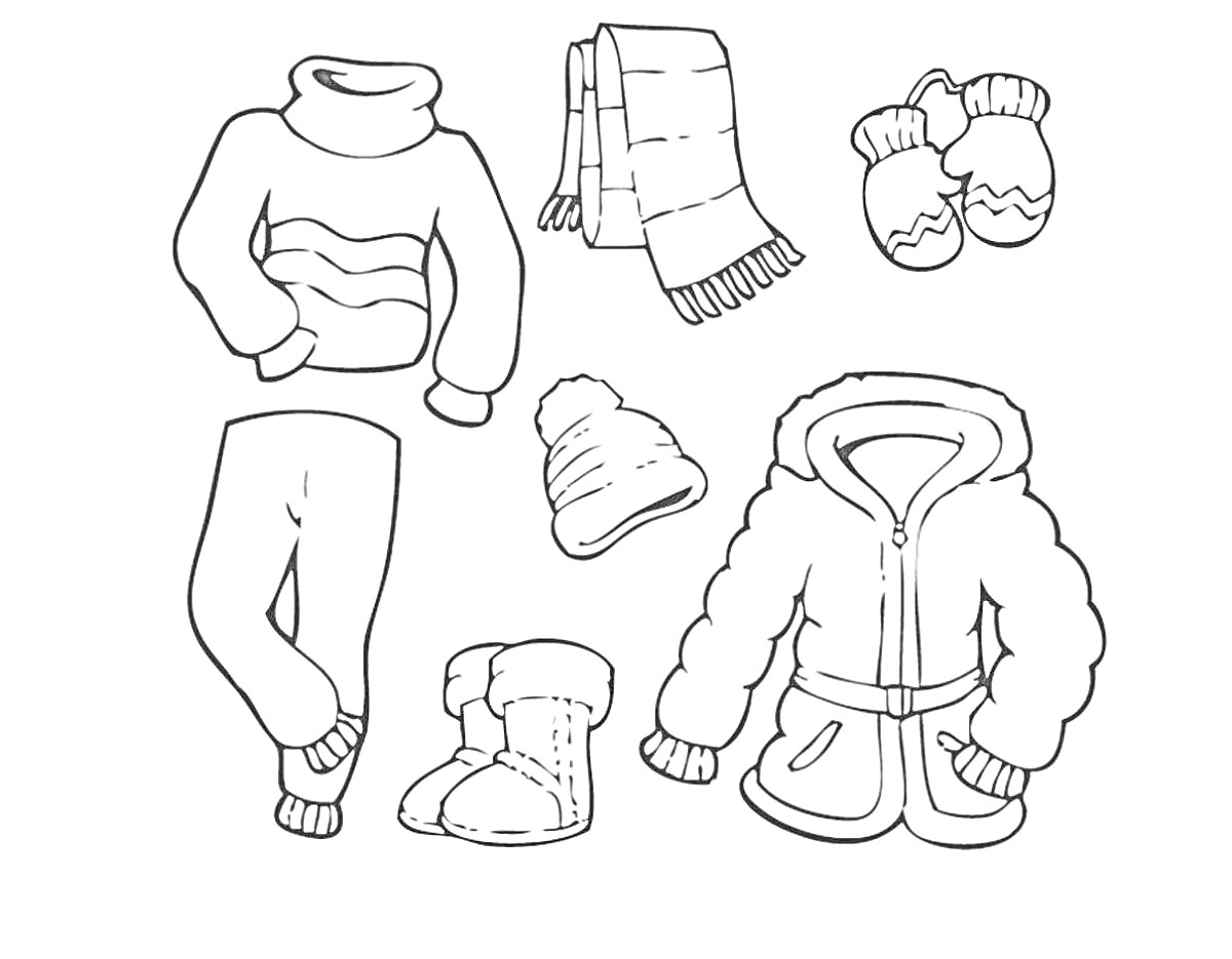Раскраска Свитер, шарф, варежки, штаны, шапка, сапоги и куртка