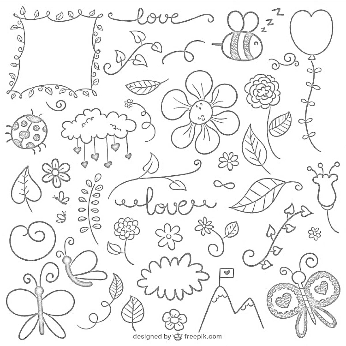 Раскраска Каракули с цветами, бабочками, пчелами, облаками, растениями и сердечками