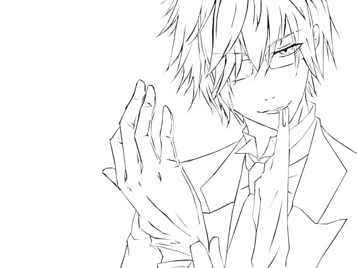 Раскраска Аниме мальчик с растрепанными волосами в очках, в костюме с галстуком, подносящий палец к губам, жестами показывающий руки