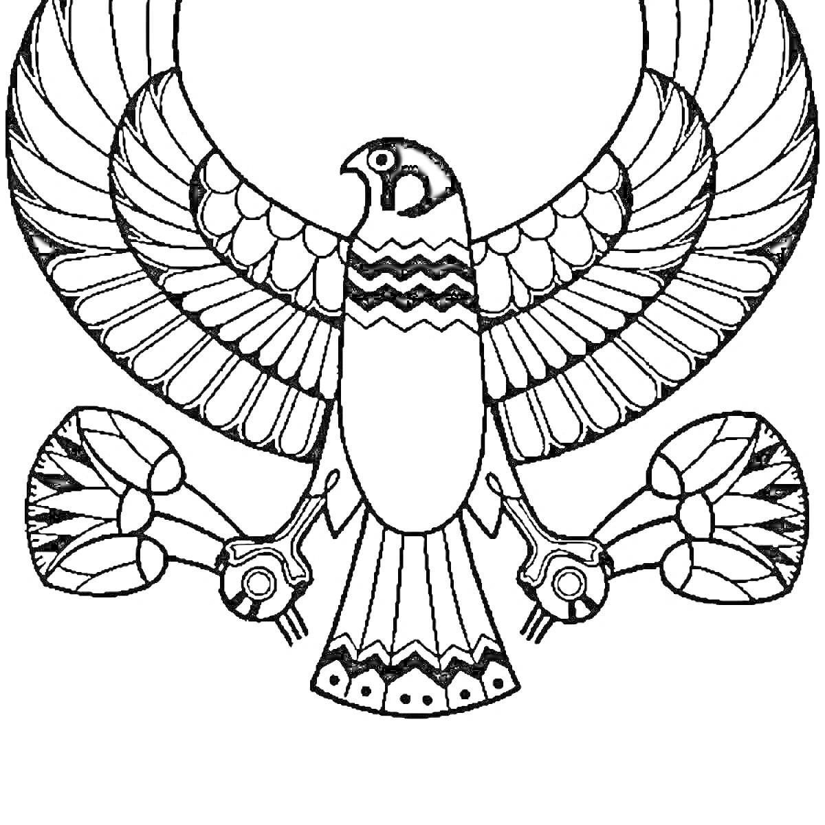 На раскраске изображено: Древний Египет, Сокол, Орнамент, Крылья
