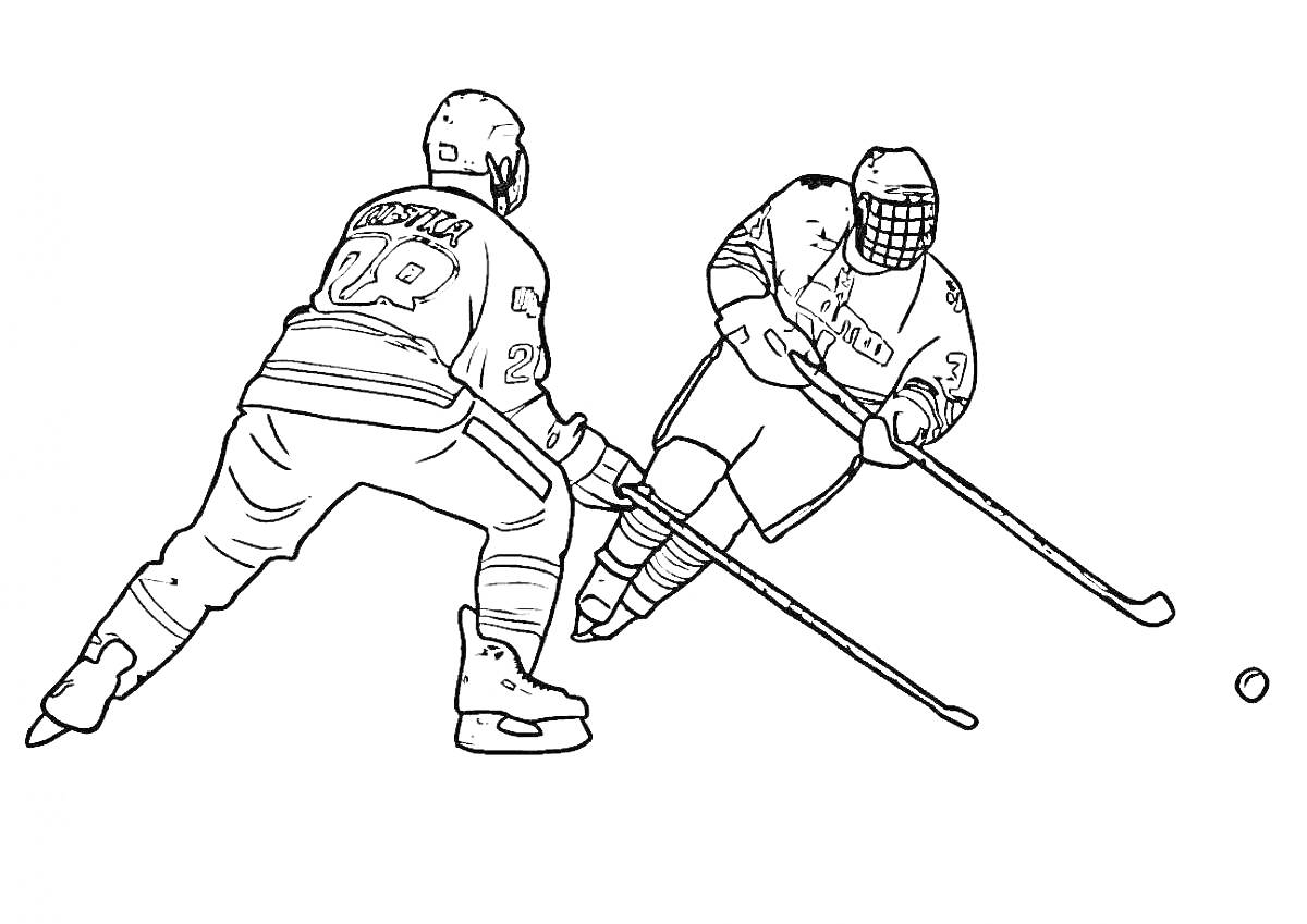 Раскраска Два хоккеиста в игре с клюшками и шайбой