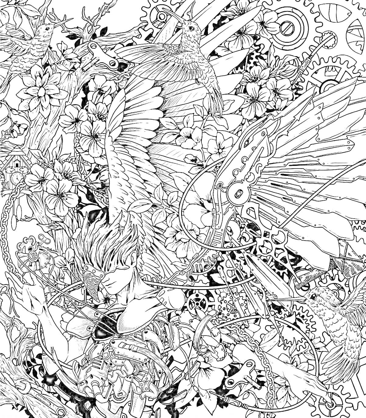 На раскраске изображено: Человек, Крылья, Цветы, Шестеренки, Фантазия, Природа, Механизмы